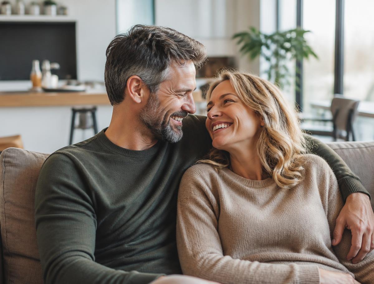Happy mature couple relaxing and laughing together at home