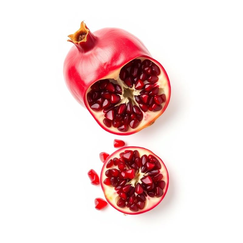 Fresh pomegranate cut open showing seeds on a white background