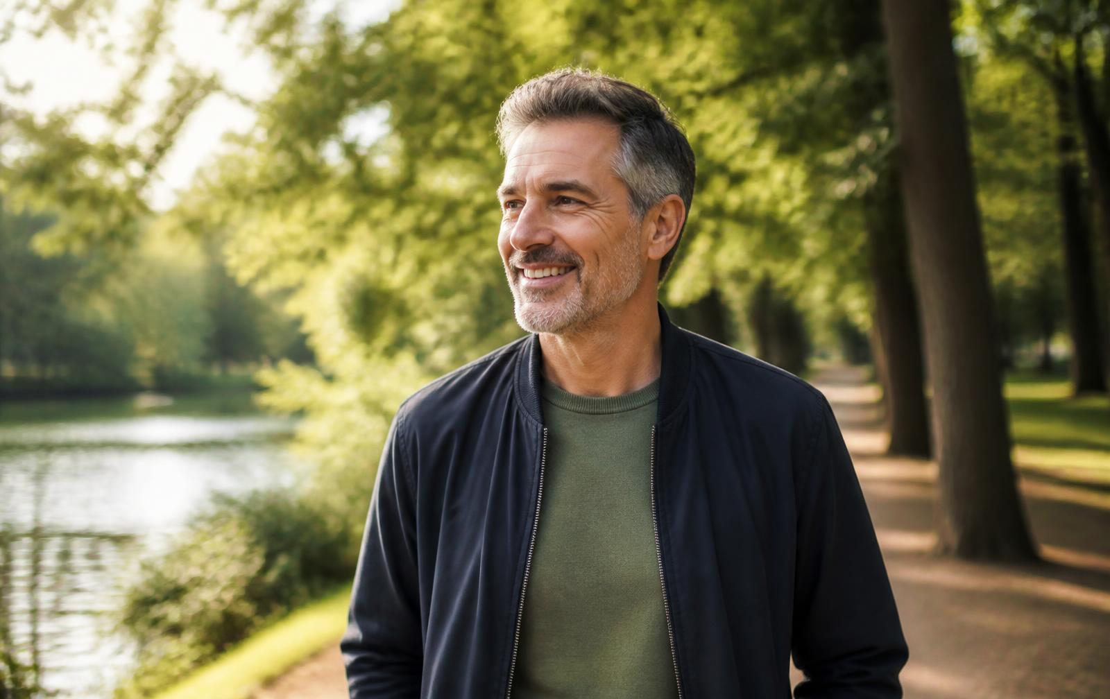 Healthy middle-aged man walking outdoors on a sunny morning